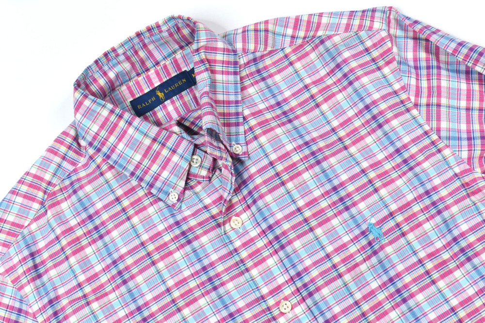 Ralph Lauren Oxford Shirt Mens Medium Pink Blue Plaid Long Sleeve Button-Down